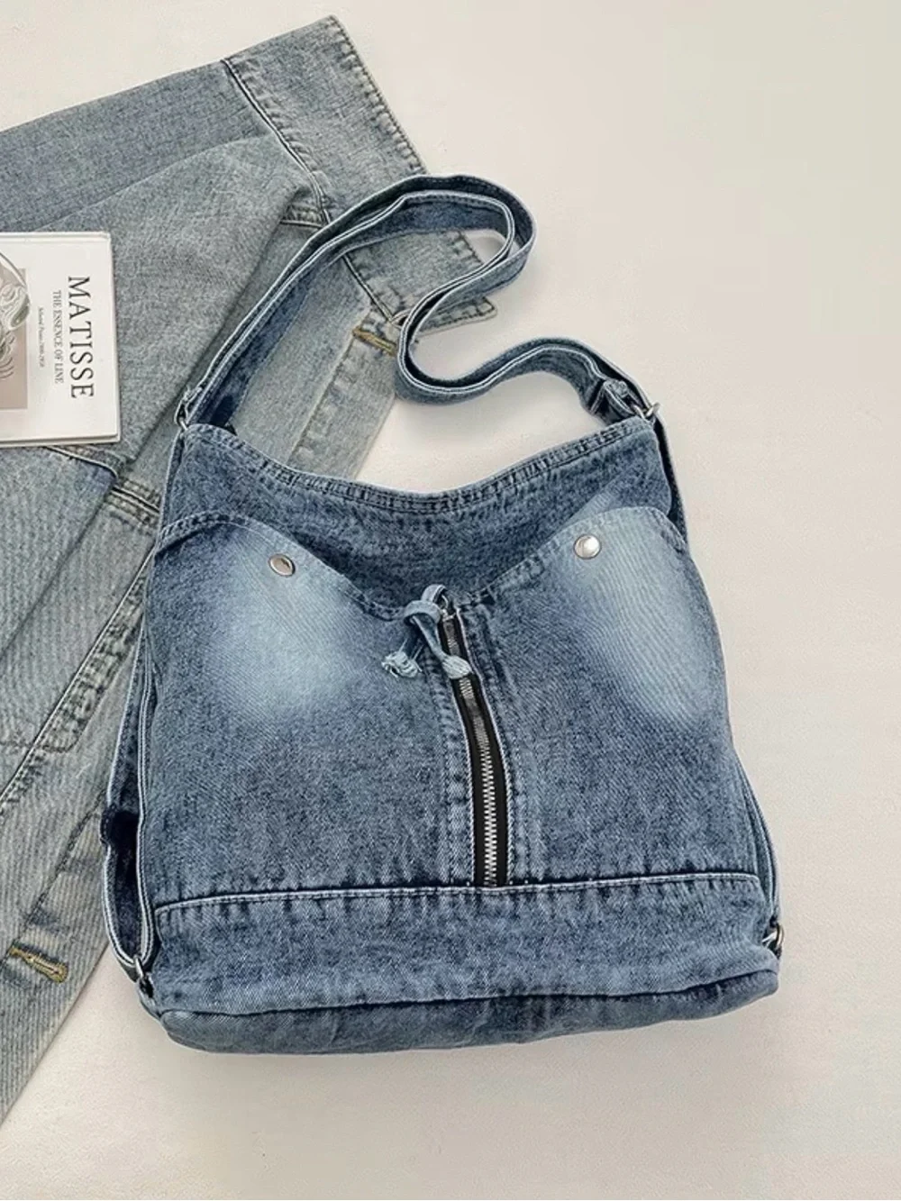 Casual Denim Hobo Bag - Light Blue